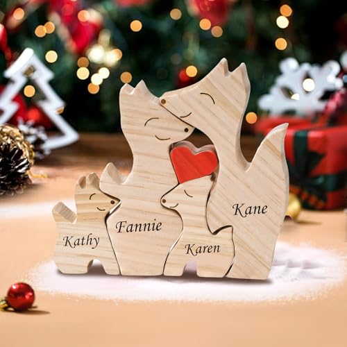 Personalized Wooden Puzzle with 2-8 Family Name Wooden Fox Sculpture Customizable Name Art Puzzle Gift for Father Mother Birth Day for Mom Dad Home De