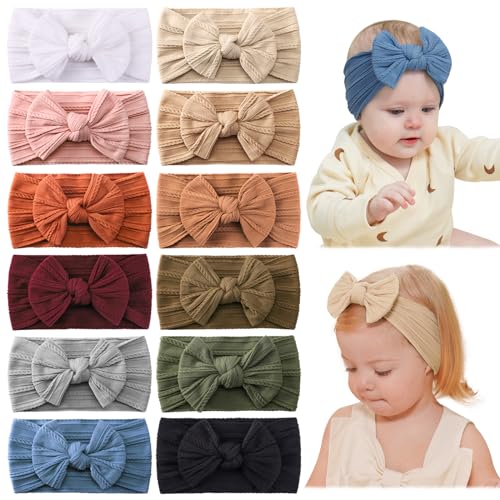 jollybows 12pcs Nylon Headbands for Baby Girls Infant Baby Bows Newborn Hairbands Toddler Hair Bow Elastics Head Wraps 4-12 Multi-colored