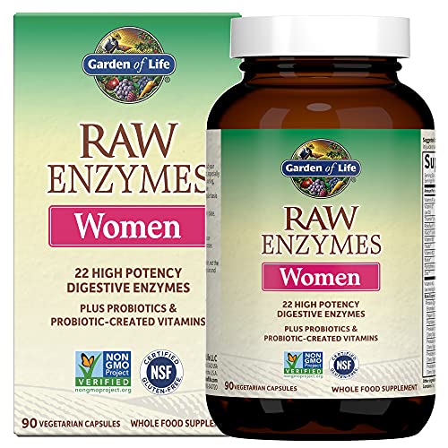 Garden of Life 22 Digestive Enzymes for Women with Bromelain, Papain, Lipase & Lactase Plus Probiotics & Vitamins B12, Biotin & Zinc – RAW Enzymes �