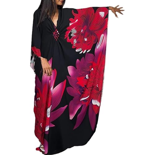 LOUSEA Kaftan Dress for Women Large Flower Print Cover Up Dresses Vneck One-piece Bathingsuit Cover Ups Black4 One Size