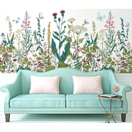 Colorful Flowers Wall Decals Peel and Stick, Large Floral Butterflies Vinyl Wall Stickers, Removable Home Decor Art for Bedroom Living Room Classroom