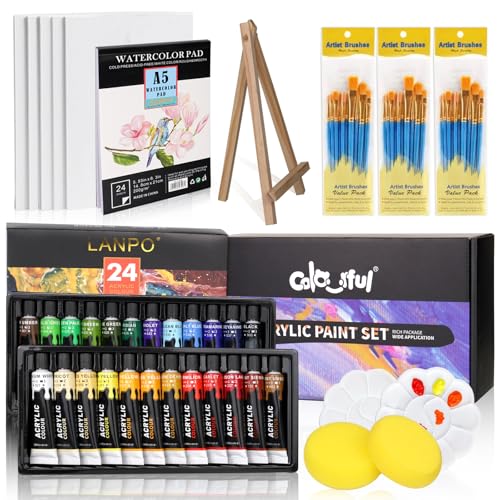 Colorful Acrylic Painting Kit - Paint Supplies Set with 24 Colors, 30 Brushes, 5 Canvases, 1 Pad, 2 Palette, 2 Sponge & 1 Wood Easel - Art Acrylic Pai