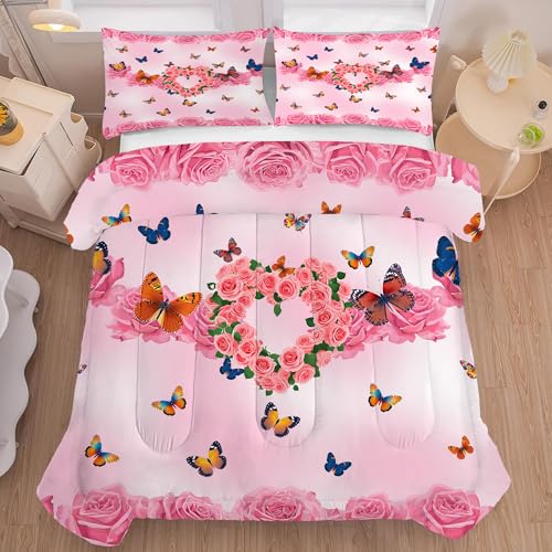 Pink Flower Comforter Set Full: Romantic Butterfly Rose Bedding Set for Girls Lovers Women Flower Bedding Bed Bedroom Dorm Quilt 1 Comforter + 2 Pillo