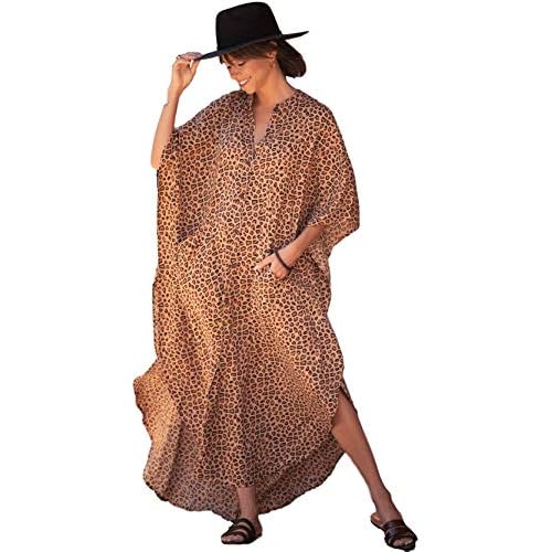 RanRui swimsuit cover up Black&White caftan caftans Women's Vneck short Sleeve kaftan dresses with pocket Caftans Leopard Print