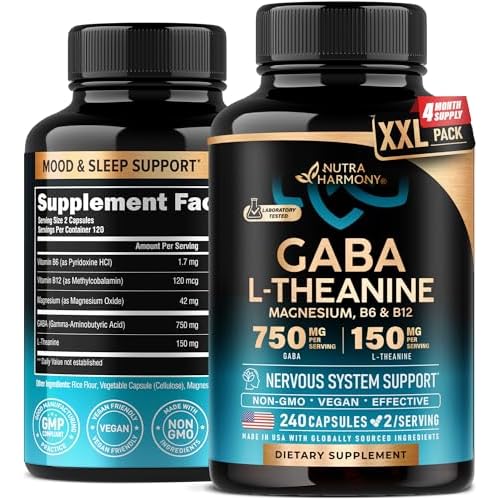 GABA L-Theanine 900 mg - Made in USA - Magnesium | Vitamin B6 - Calm, Sleep, Relaxation & Mood Support - 750 mg Gamma AminoButyric Acid, 150 mg L-Thea