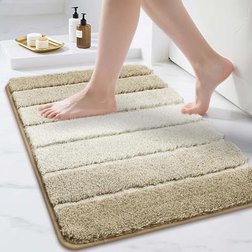 COSY HOMEER Bathroom Rugs 30"x20", Ultra Soft Absorbent Bath Mat with Non-Slip TPR Backing, Machine Washable Shaggy Rug for Bathroom Floor, Beige Beig