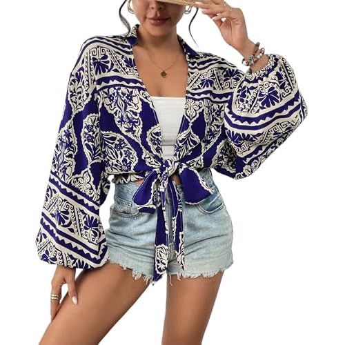 Eddoyee Women's Deep V Neck Tie Front Knot Wrap Tops Long Lantern Sleeve Casual Boho Blouses Loose Tunic Self-tie Shirts Blue Large