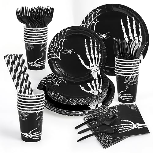 Garvee 215 Pcs Halloween Plates and Napkins Set Serve 25, Halloween Skull Hand Bone Disposable Tableware Set, Halloween Decorations Includes Plates, C