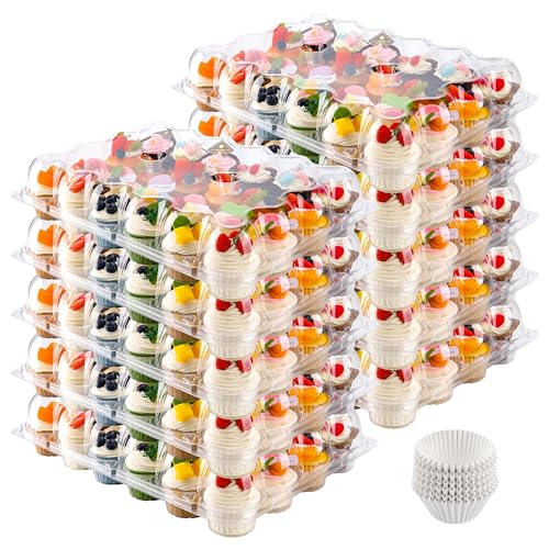 24 Count Cupcake Containers 10 Pack Cupcake Holders Plastic Stackable Cupcake Boxes with Detachable Tall Dome Lids and 240 Liners for 240 Cupcakes, BP