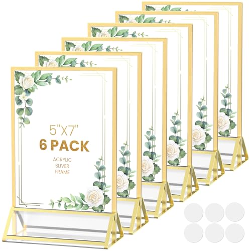Gold Frames 5X7 Acrylic Sign Holder Tabletop Gold Picture Frames for Wedding Table Numbers Menu Holder Diaplay Stand Flyer Holder with Double-Sided St