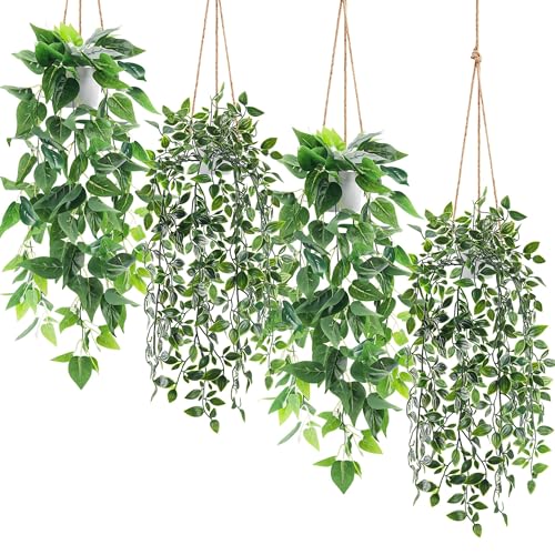 Der Rose 4 Pack Fake Plants Hanging Faux Potted Ivy Vine Artificial Mandala Plants for Room Bathroom Wall Shelf Decor Indoor