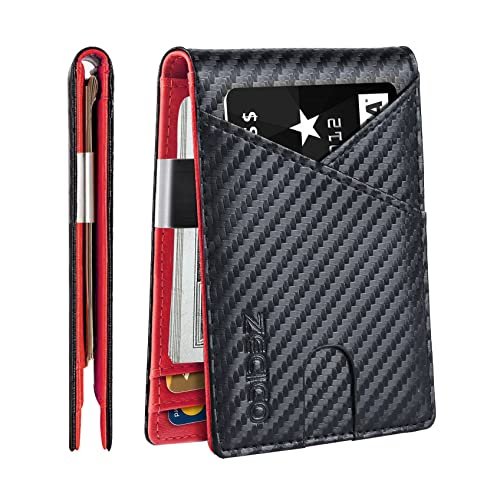 Mens Slim Wallet Money Clip: Bifold Leanther Wallets RFID Blocking Front Pocket Wallets Credit Card Holder with ID Window Gifts for Men Carbon Black&R