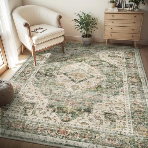 AMOAMI-4X6 Area Rugs for Living Room -Soft Vintage Bedroom Rugs-Non Slip Washable Rug-Throw for Living Room Bedroom Bedside Dining Room Office Green O