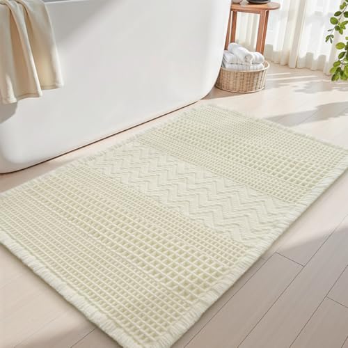 AMOAMI Cream 2' x 3' Waffle Bath Mat, Super Absorbent, Non Slip, Machine Washable, Boho Style, 24" X 36" Bathroom Rug 24"x36" Cream
