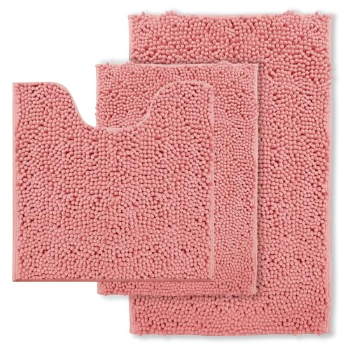 Pink Bathroom Rugs Chenille Bath Mat Set 3-Piece Bath Rugs for Bathoom Extra Soft Bath Mats for Bathoom Non Slip Absorbent Shag Bthroom Carpet, Machin