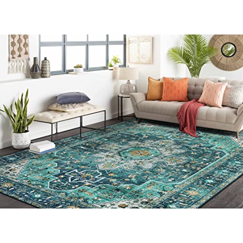 Moynesa Ultra-Thin Washable Vintage Area Rug - 6x9 Teal Large Dining Room Rug for Bedroom, Non-Shed Living Room Mat, Indoor Oriental Medallion Hardwoo