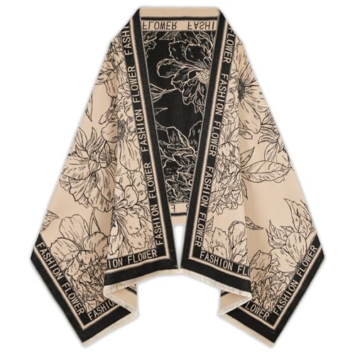 Relang Scarfs for Women Pashmina Silky Shawl Wrap for Evening Dressing Blanket Open Front Poncho Cape Black Beige Plants