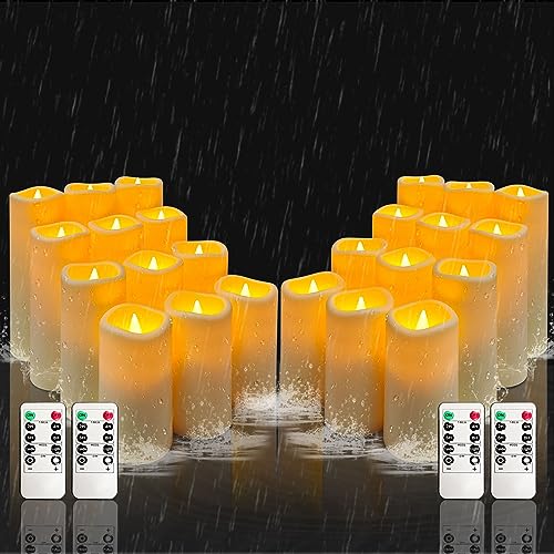 YIWER Plastic Waterproof Flameless Candles Set of 24: Battery Operated Candles Ivory Flickering Pillar Candles Include 4"-5"-6"-7" with 10-Key Remote