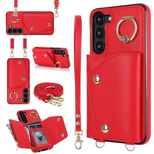 for Samsung Galaxy S24 Luxury Zipper Wallet Case with Ring, Multi Card Holder Adjustable Crossbody Strap, Fashion Wallet Bag.(Red) Red Samsung Galaxy