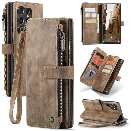 for Samsung Galaxy S25 Ultra Wallet Case with 10 Card Holder Slots Magnetic Zipper Pocket Pouch Flip KicStand Durable Premium Leather PU with Lanyard
