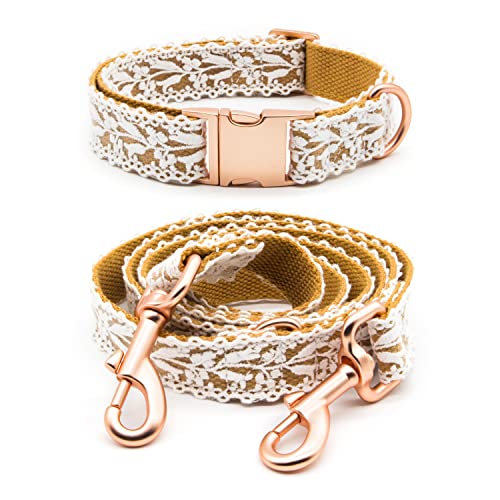Dog Collar and Leash Set, Cotton Lace Handmade 4-5 FT Adjustable Comfortable Unique Collars and Leashes for Small Medium Large Dogs Medium Brown ((2pc
