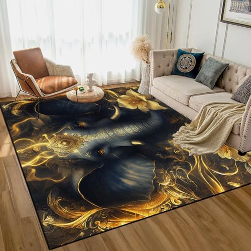 6' x 9' African Elephant Area Rug Opulent Gold Flowers Rugs for Living Room Bedroom Office Non-Slip Washable Indoor Floor Mat Doormat Throw Rugs Carpe