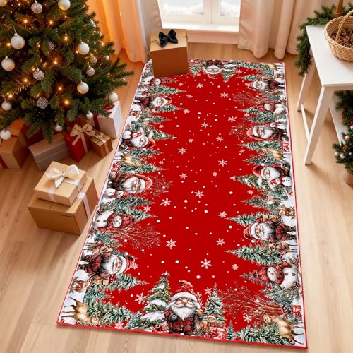 Christmas Area Rug 3x5, Santa and Snowman Red Rugs - Xmas Washable Non Slip Low Pile Christmas Carpet for Hallway Living Room Bedroom Holiday Decor 3'
