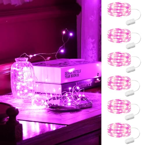 HXWEIYE 6 Pack Pink Fairy Lights Battery Operated, 7ft 20LED Mini Fairy Mason Jar Light, Waterproof Firefly Starry Lights for DIY Wedding Party Bedroo