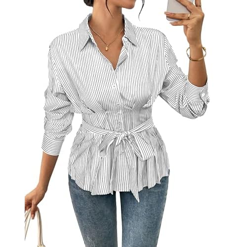 Bsubseach Women Blouses Striped Long Sleeve Button Down Shirts V Neck Collared Boho Tops 2025 Casual Business Work Outfits White Background With Black