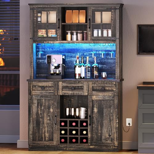 YITAHOME 72" Farmhouse Coffee Bar Cabinet with Power Outlet & RGB LED Light, Tall Liquor Cabinet with Door & Wine & Glasses Rack,3 Drawers, Kitchen Bu