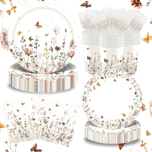 Autumn Boho Wildflower Paper Plates, Fall Floral Dinner Plates 9" Dessert Plates 7" Cups Napkins Forks Tableware Serve 24 Guests - Vintage Flower Baby