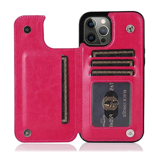 for iPhone 15 Pro Wallet Case with Credit Card Holder,RFID Blocking,PU Premium Leather Double Magnetic Clasp Kickstand Heavy Duty Protective Cover.(Ro