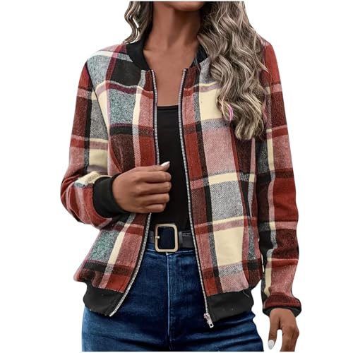 Womens Plaid Zip Cardigan Lightweight Bomber Style Sweater Autumn Fashion Long Sleeve Blouse Top A02 Brown Large