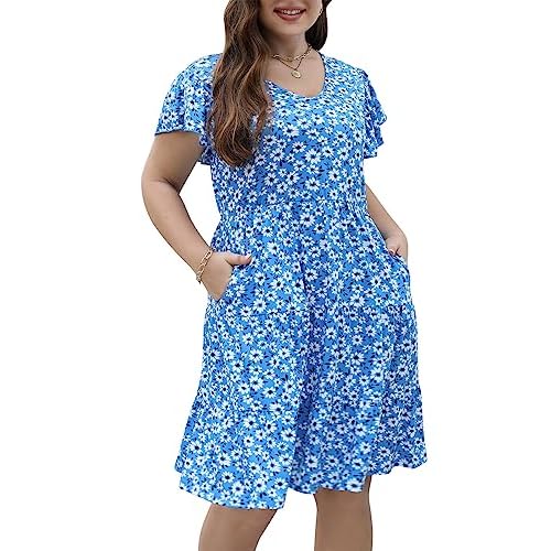 Celkuser Womens Plus Size Casual Summer Dresses Ruffle Sleeve Tiered Swing Midi Dress with Pockets 14 Plus Blue White Floral