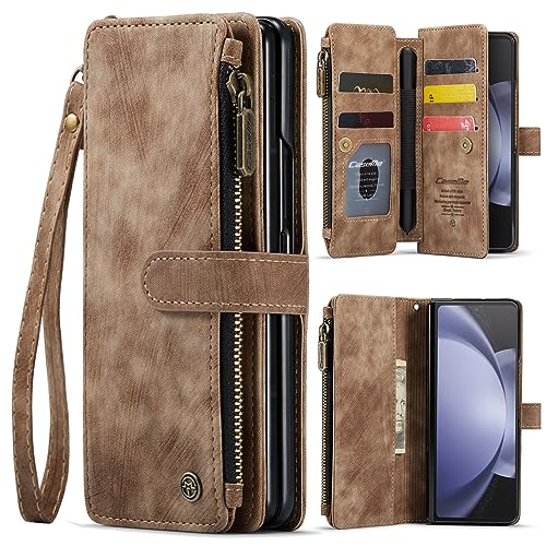 for Samsung Galaxy Z Fold 5 Wallet Case with 5 Card Holder Slots Magnetic Zipper Pocket Pouch Flip KicStand Durable Premium Leather PU with Lanyard St
