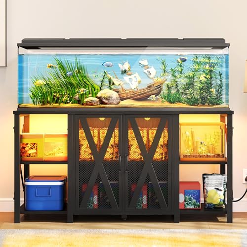 YITAHOME 90-120 Gallon Reptile Tank Stand with Power Outlet & LED Light, Heavy Duty Aquarium Stand w Accessories Storage Cabinet - Metal Fish Tank Sta