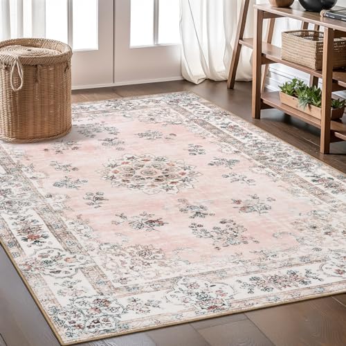 Lahome Washable Pink 5x7 Area Rugs for Bedroom Girls Nursery, Boho Soft Floral Print Area Rug for Living Room Apartment, Non-Slip Carpet for Aesthetic