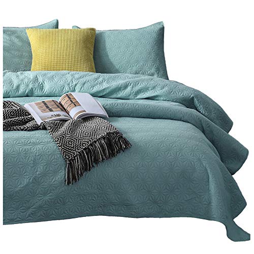 KASENTEX Quilted Coverlet Set-Pre Washed-Luxury Microfiber Soft Warm Bedding-Solid Colors Bedspread-Contemporary Star Design, Twin + 1 Sham, Aqua Sea
