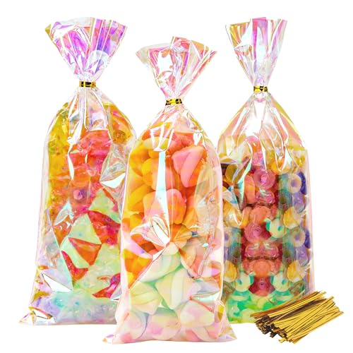 NPLUX Cellophane Bags Plastic Iridescent Gift Bag Clear Cookie Treat Bags with Twist Ties for Party Favor Bag(100PACK, 4x9.5inch) 4x9.5 inch