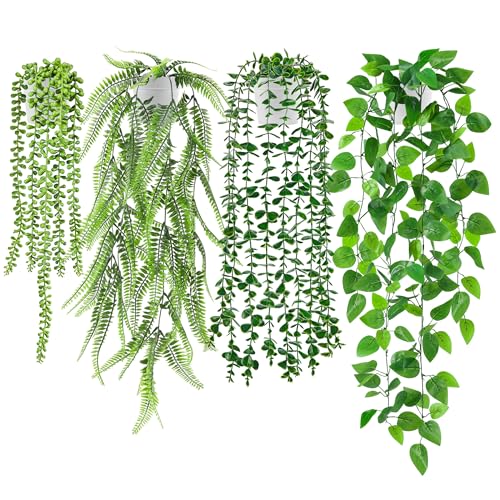 Der Rose 4Pcs Fake Plants Hanging Artificial Ivy Vine Faux Eucalyptus Hanging Plants, Boston Fern, String of Pearls for Living Room Bedroom Boho Wall