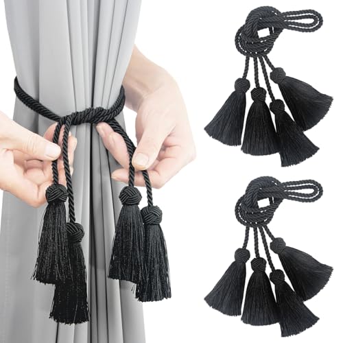 Elegant Curtain Tiebacks Rope Decorative Curtain Tie Backs for Drapes Hand Woven Window Treatment Holdbacks with Tassel, Black 4pack