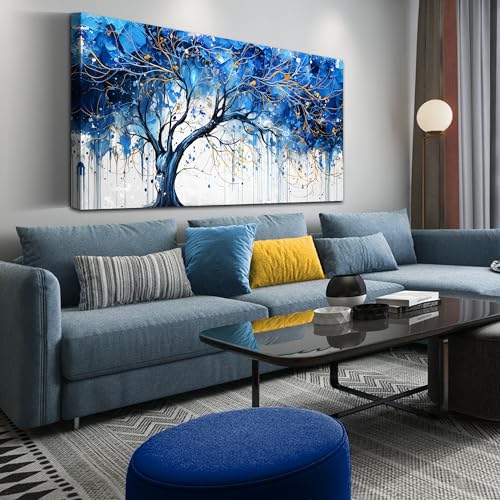 Tree Pictures Wall Decor for Bedroom - Abstract Canvas Wall Art - Blue Artwork for Walls Ready to Hang Size 29" x 59" 59"L x 29"W Blue 3