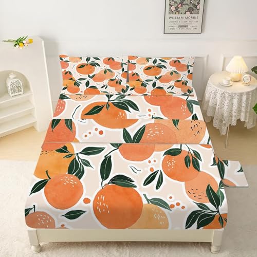 Orange Sheet Set Twin: Cute Orange Bedding Set for Kids Teens Girls Summer Tangerine Tropical Citrus Fruits Bedroom Bed - 1 Flat Sheet, 1 Fitted Sheet