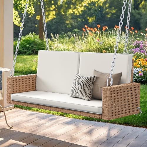 YITAHOME Outdoor Porch Swing, 2-Seater Patio Swing Chair with 3 Comfort Cushions, Sturdy Iron Frame, 530lbs Capacity, Wicker Hanging Bed for Backyard,