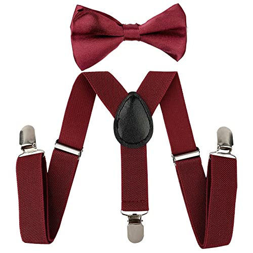 SEVENHEAD Child Kids Suspenders Bowtie Set Adjustable Elastic Y-Back Design with Strong Metal Clips for Boys and Girls Wine Red