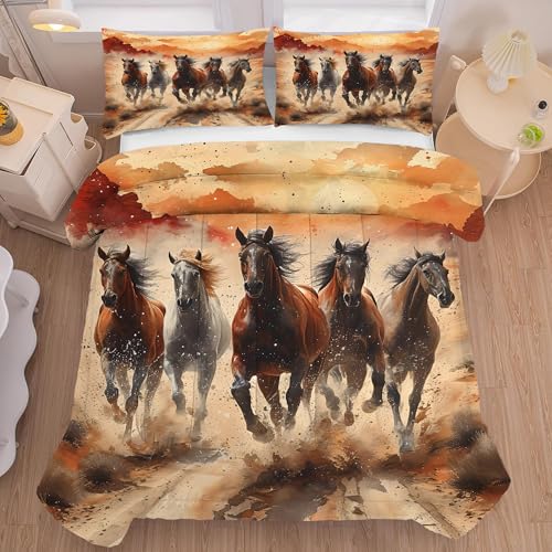 Horse Comforter Set Twin: Galloping Horse Bedding Set for Kids Teens Girls Boys Women Bed Bedroom Dorm Western Quilt 1 Comforter + 1 Pillow Case Lb06-
