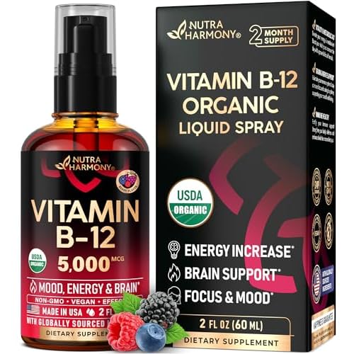 USDA Organic Vitamin B12 Sublingual Spray - 5000 mcg Liquid Vegan Methylcobalamin for Women & Men - Energy Boost, Focus & Mood, Brain Health Support -