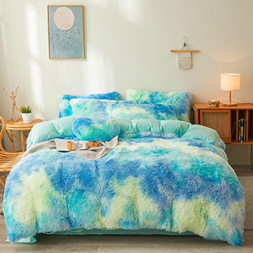 Fluffy Tie Dye comforters Cover Twin Size - Ultra Soft Plush Bedding Sets 2 Pieces (1 Faux Fur Comforter Cover + 1 Fuzzy Pillow case) Girls Shaggy Twi