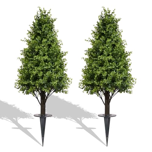 36" Faux Boxwood Plants Outdoor Set of 2, UV Resistant Artificial Topiary Trees with Ground Spike, 3ft Fake Evergreen Bushes & Shrubs for Outside Plan