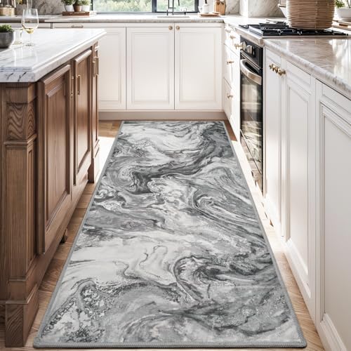 2x6 Runner Rug for Hallways Kitchen Modern Abstract Washable Runner Rug Blue Soft Non Slip Marble Carpet Runner for Laundry Entryway Bedroom Bathroom